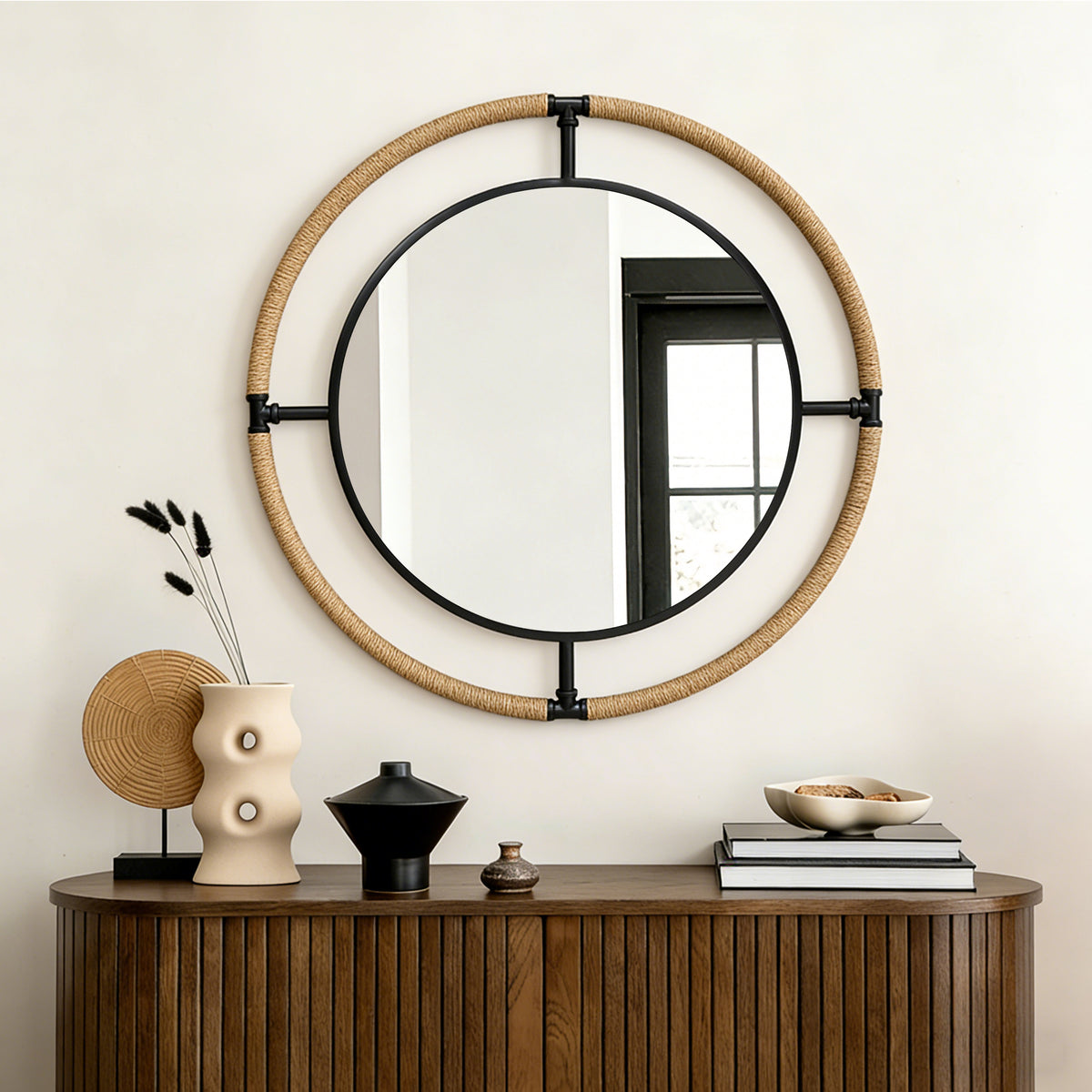 31.5'' Farmhouse Round Mirror, Large Rustic Round Wall Mirror with Hemp Rope