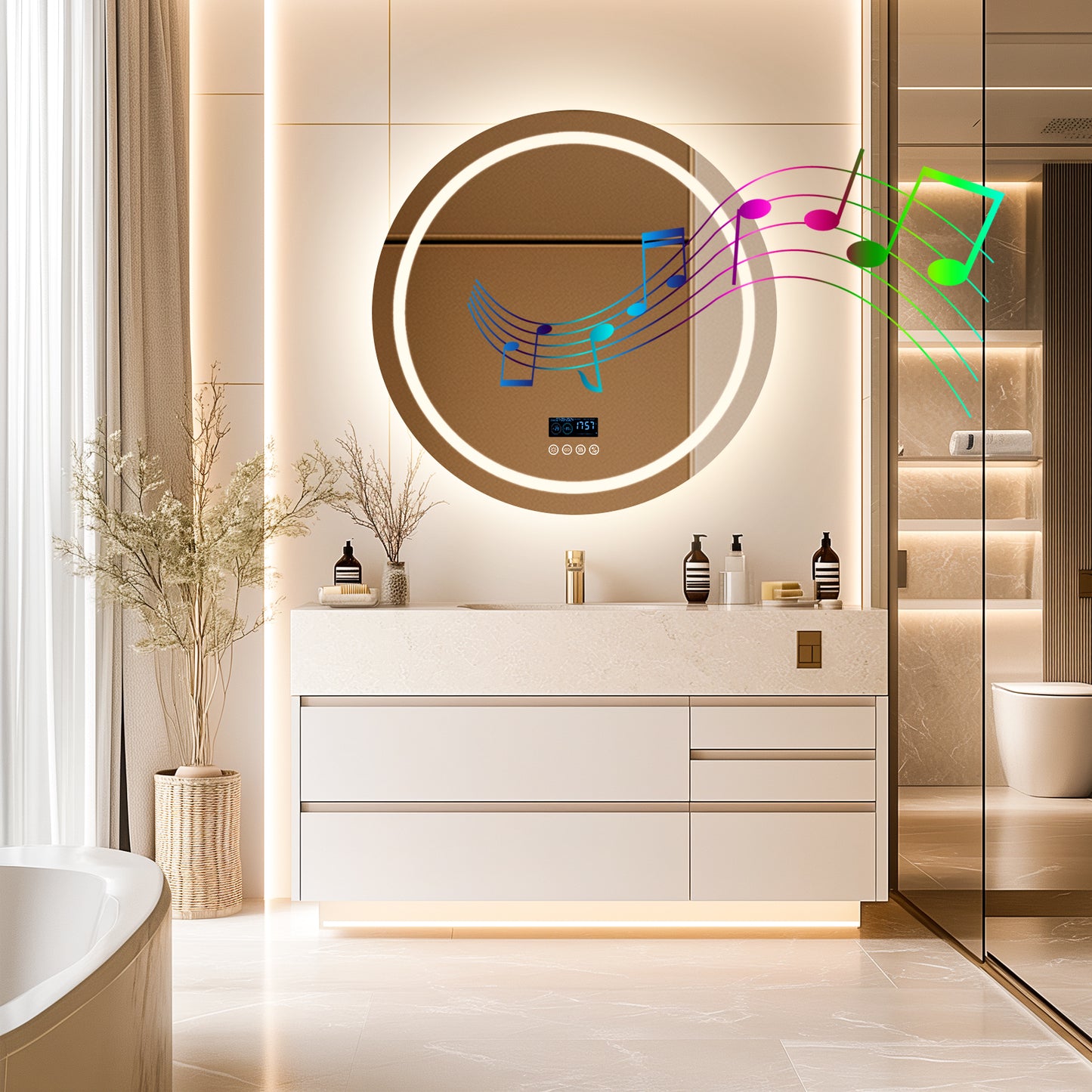 LUVODI Round LED Bluetooth Bathroom Mirror with Smart Display 80x80cm