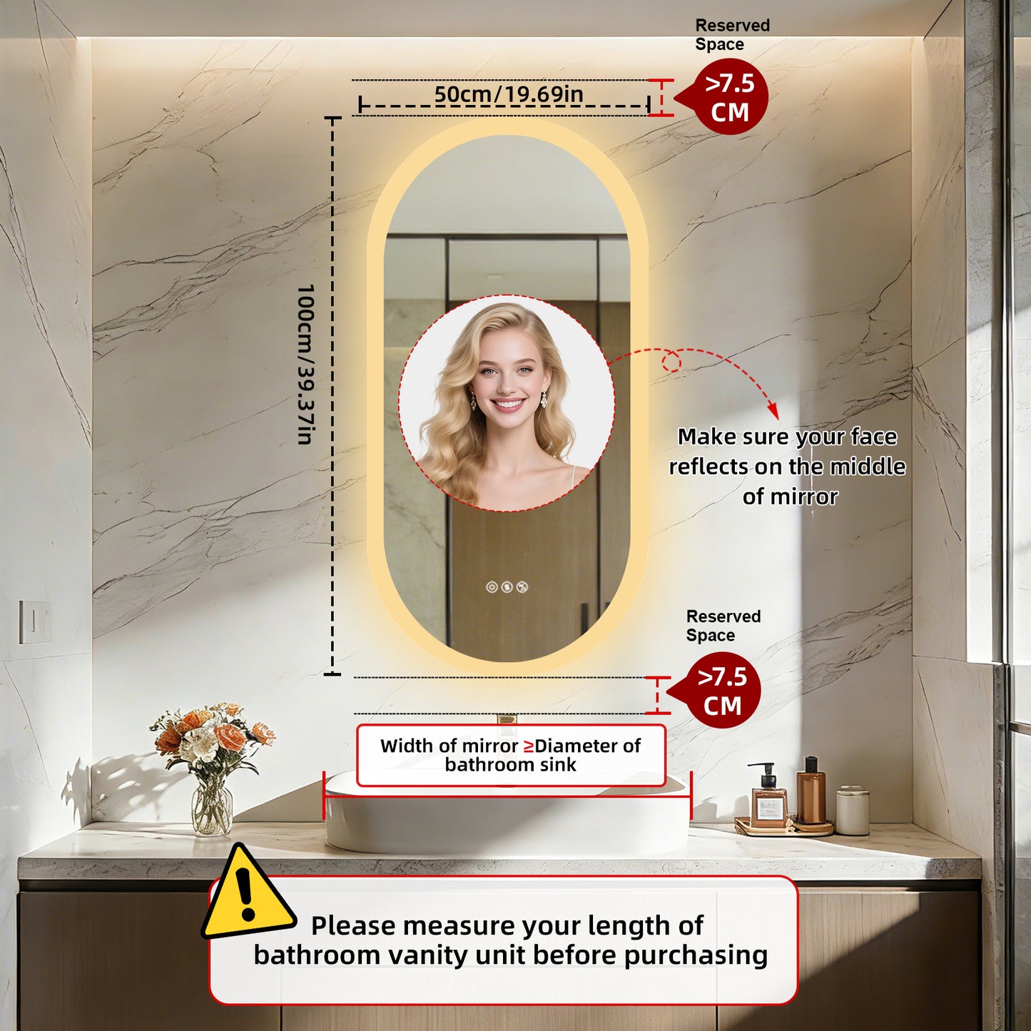 Espejo de baño ovalado con luz LED y Bluetooth LUVODI, espejo de tocador de pared (sin pantalla)