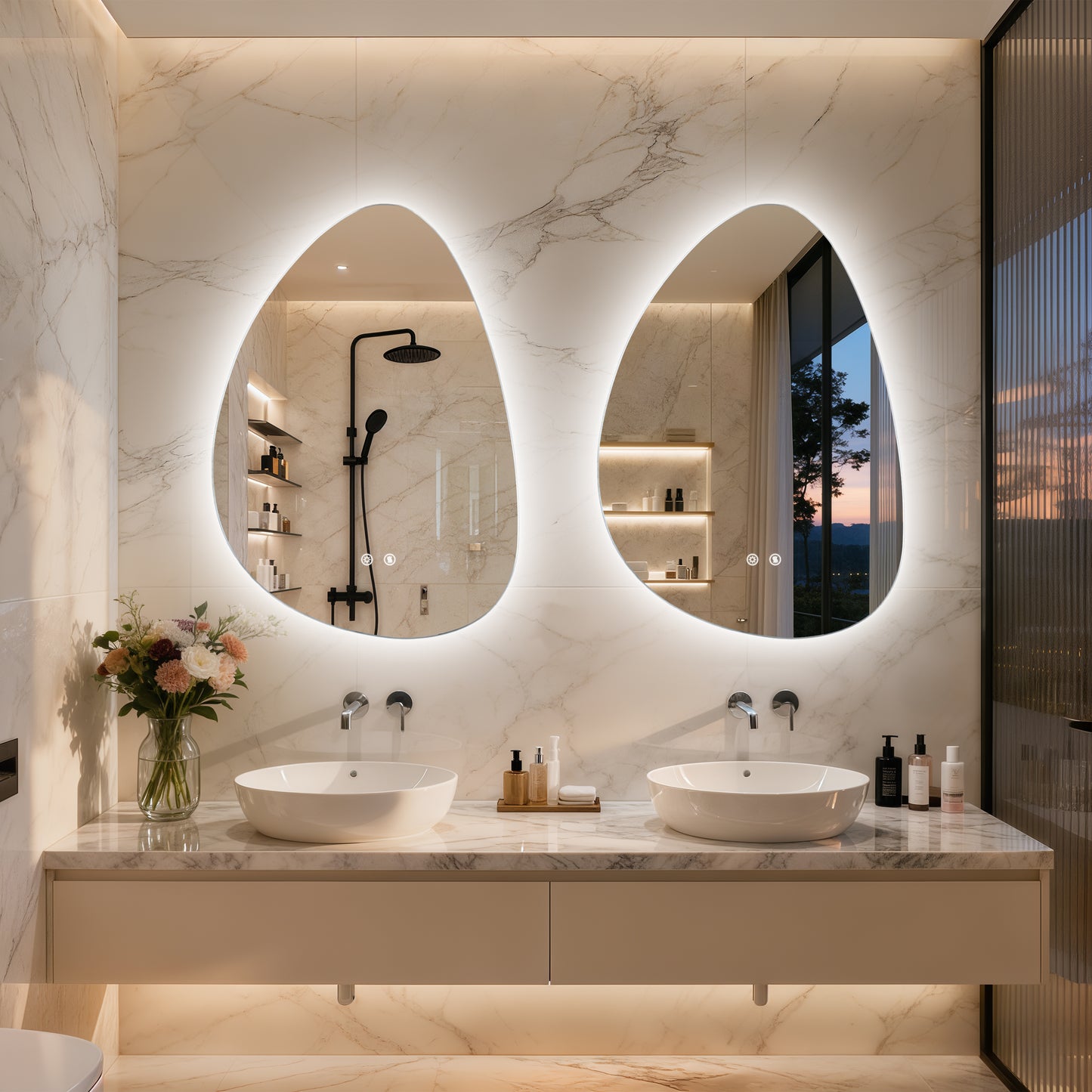 LUVODI Irregular LED Bathroom Mirror, Pebble Oval Backlit Vanity Mirror, Tempered Glass Mirror (2 Buttons)