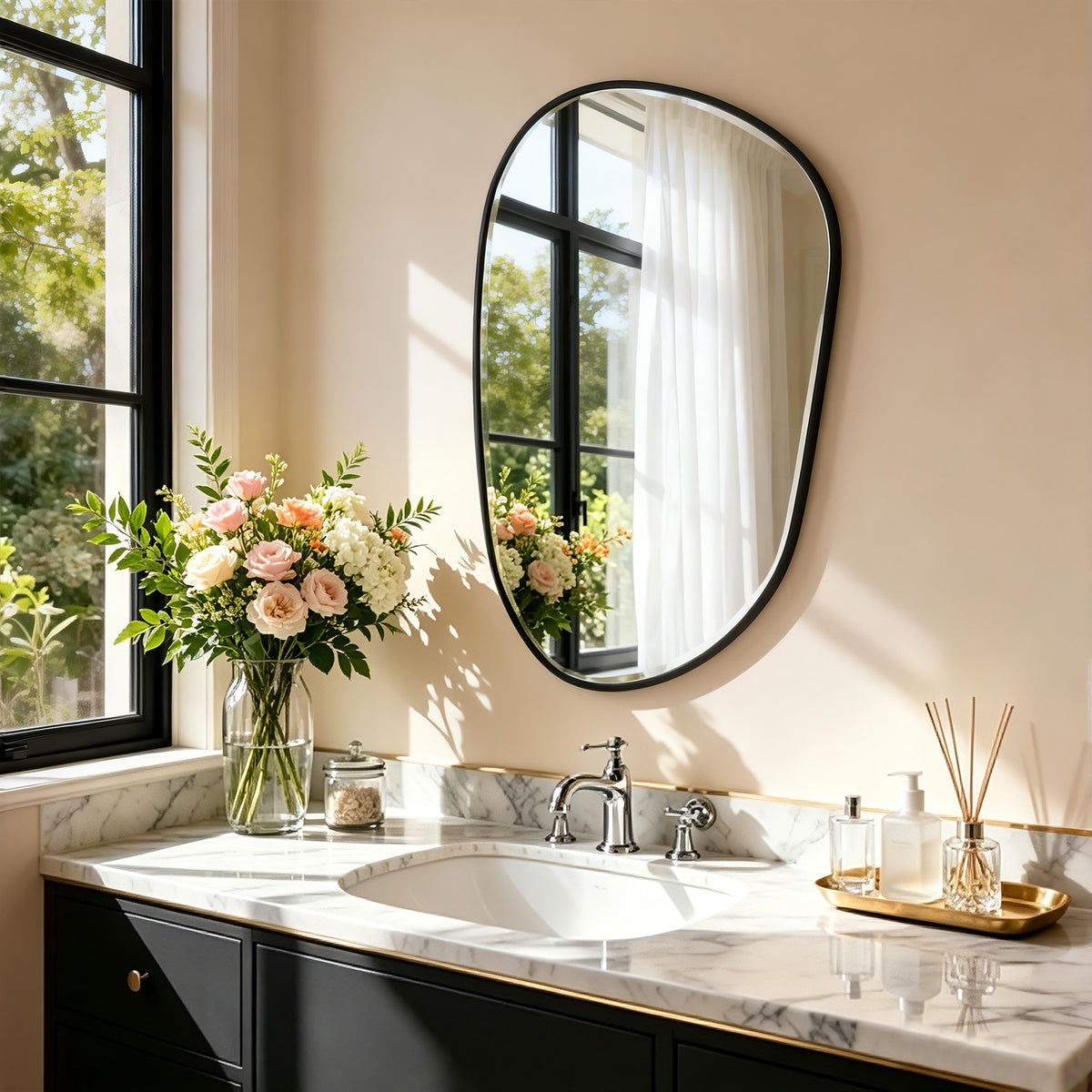 Irregular Black Frame Mirror, 21.5x33.6 in Asymmetrical Wall Mirror for Living Room