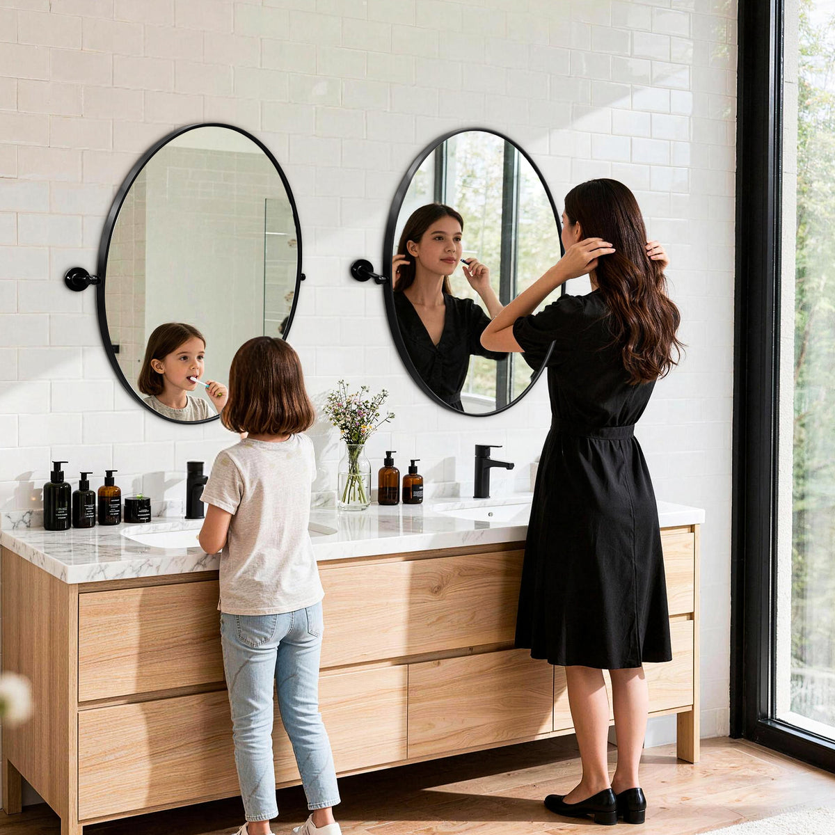 Modern Matte Black Oval Pivot Mirror – Adjustable Tilting Bathroom Vanity Wall Mirror