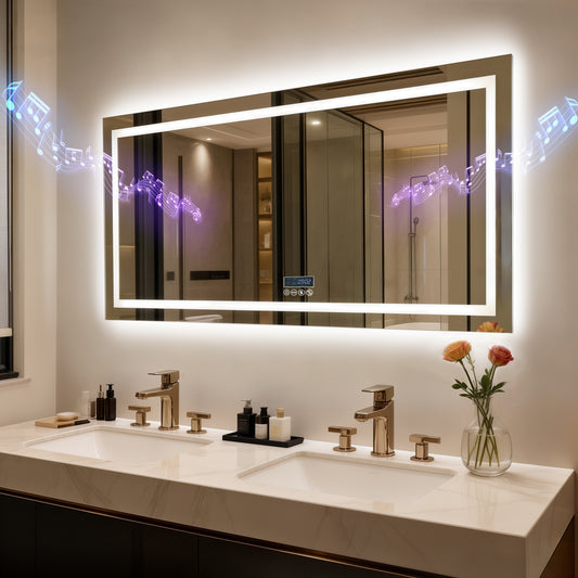 LUVODI LED Bathroom Mirror with Bluetooth Speaker & Screen Display, Tempered Glass Anti Fog Vanity Mirror