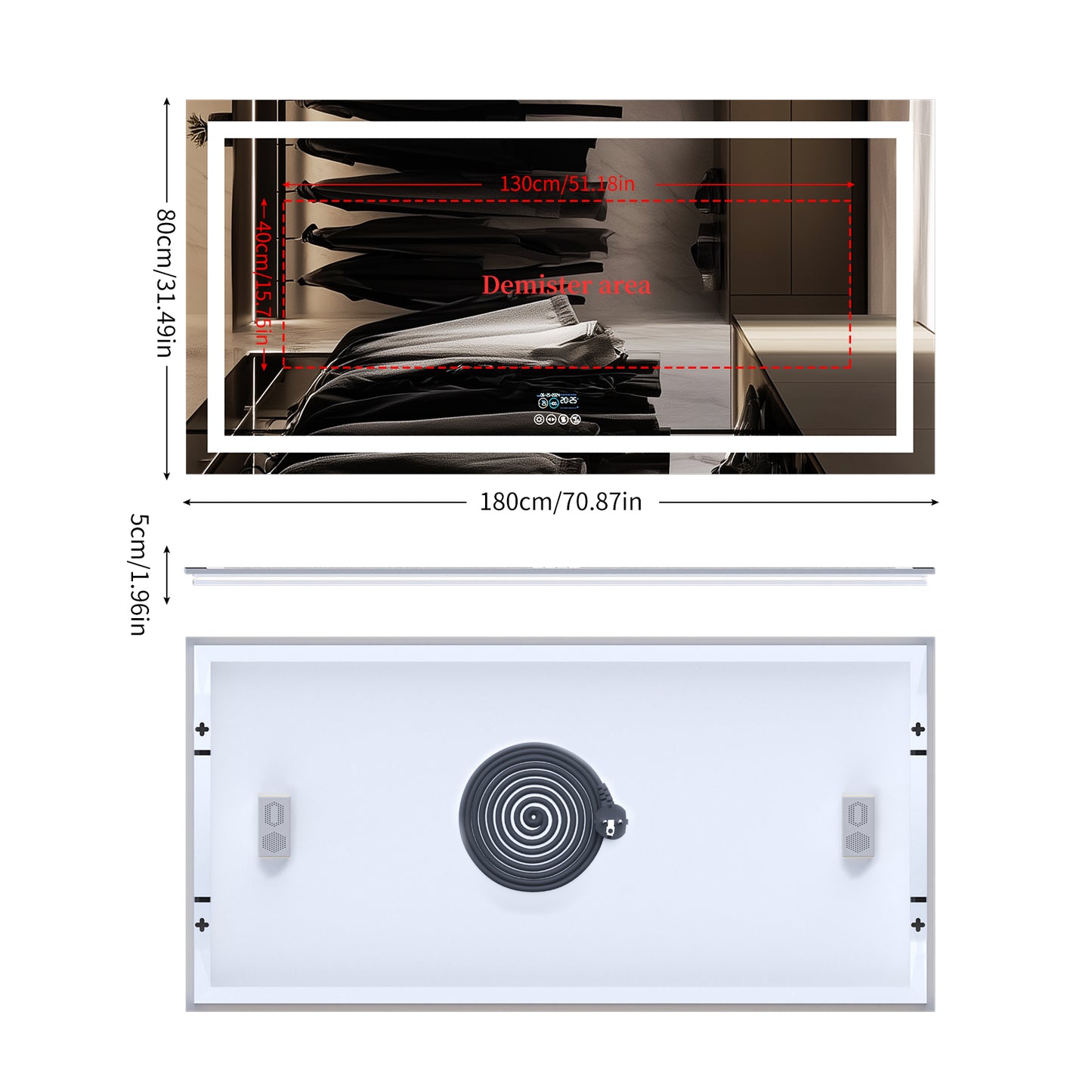Espejo LED rectangular con Bluetooth y pantalla inteligente LUVODI para colgar horizontalmente