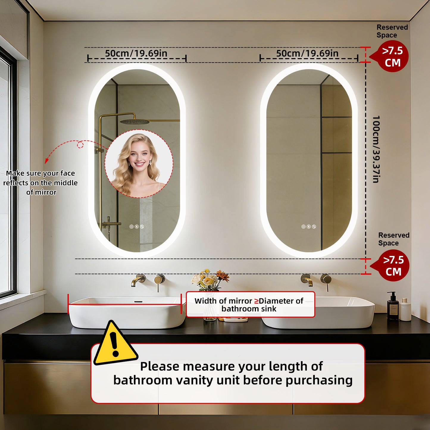 Espejo de baño ovalado con luz LED y Bluetooth LUVODI, espejo de tocador de pared (sin pantalla)
