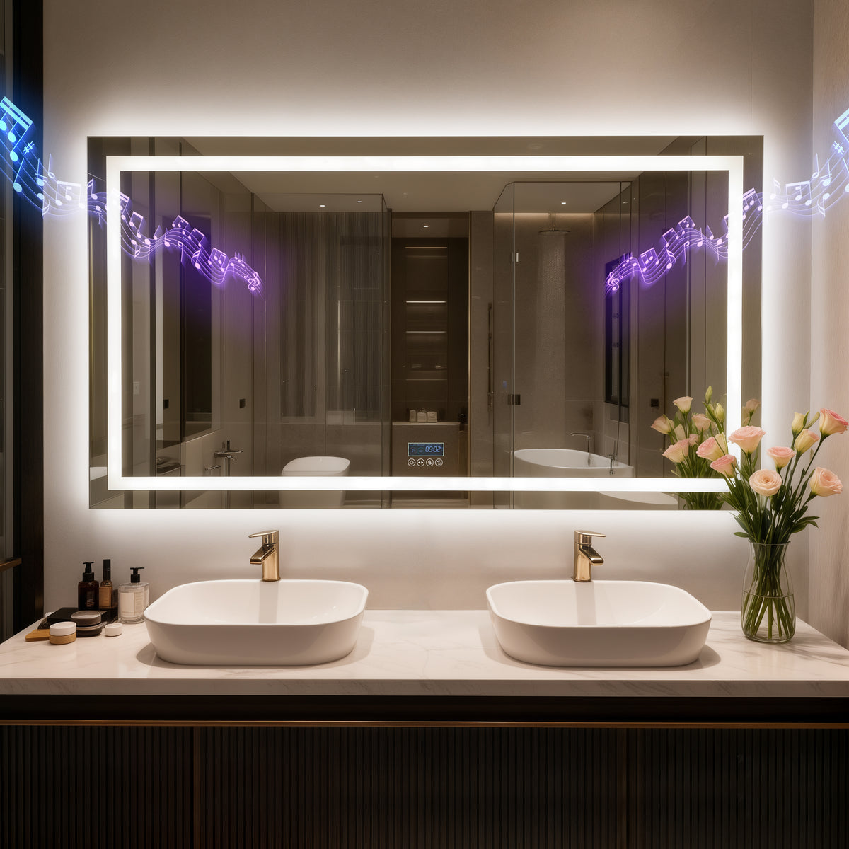 LUVODI LED Bathroom Mirror with Bluetooth Speaker & Screen Display, Tempered Glass Anti Fog Vanity Mirror