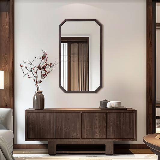 Octagon Walnut Wood Framed Wall Hanging Mirror Decorative Accent Mirror
