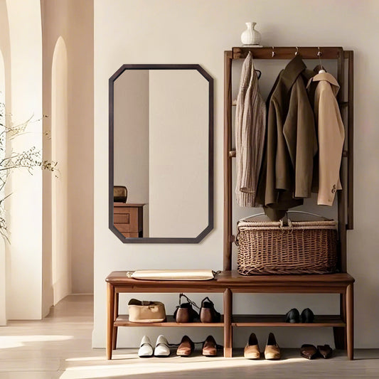 Octagon Walnut Wood Framed Wall Hanging Mirror Decorative Accent Mirror