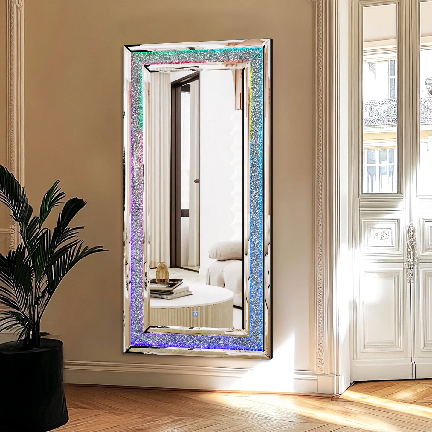 Full Length Mirror with RGB Lights Wall Hanging Mirror Crush Diamond Inlay for Living Room, Bedrooms, Cloakrooms
