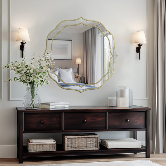 Flower-shaped Silver Glass Wall Decor Mirror Beveled Gold Rim Accent Mirror for Hallway, Living Room