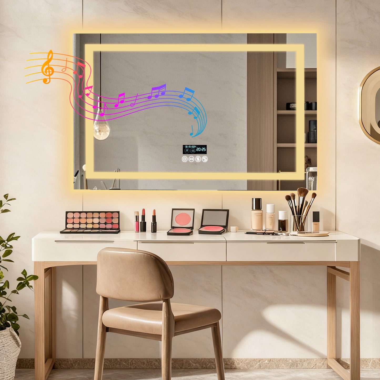 Espejo de baño LED LUVODI con altavoz Bluetooth, espejo de tocador inteligente rectangular con pantalla