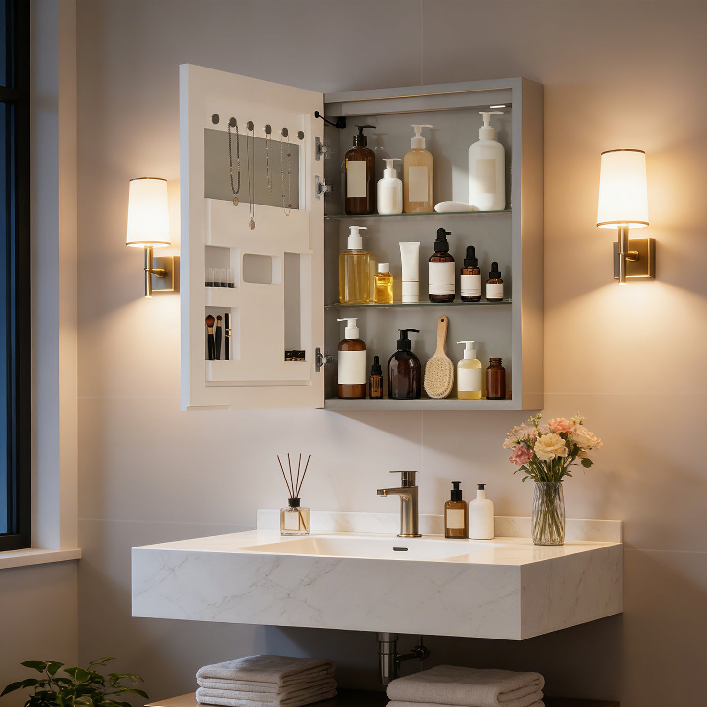 Luvodi - Armario de baño con espejo LED, altavoz Bluetooth, botiquín iluminado y toma de corriente (50 x 70 cm)