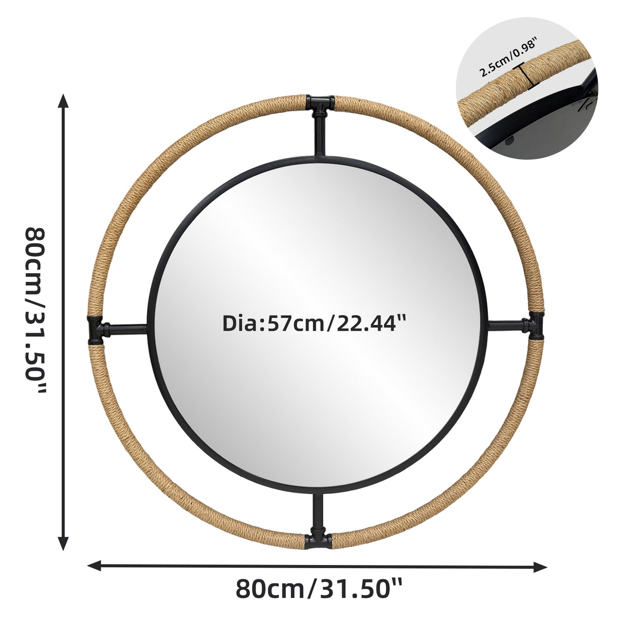 31.5'' Farmhouse Round Mirror, Large Rustic Round Wall Mirror with Hemp Rope