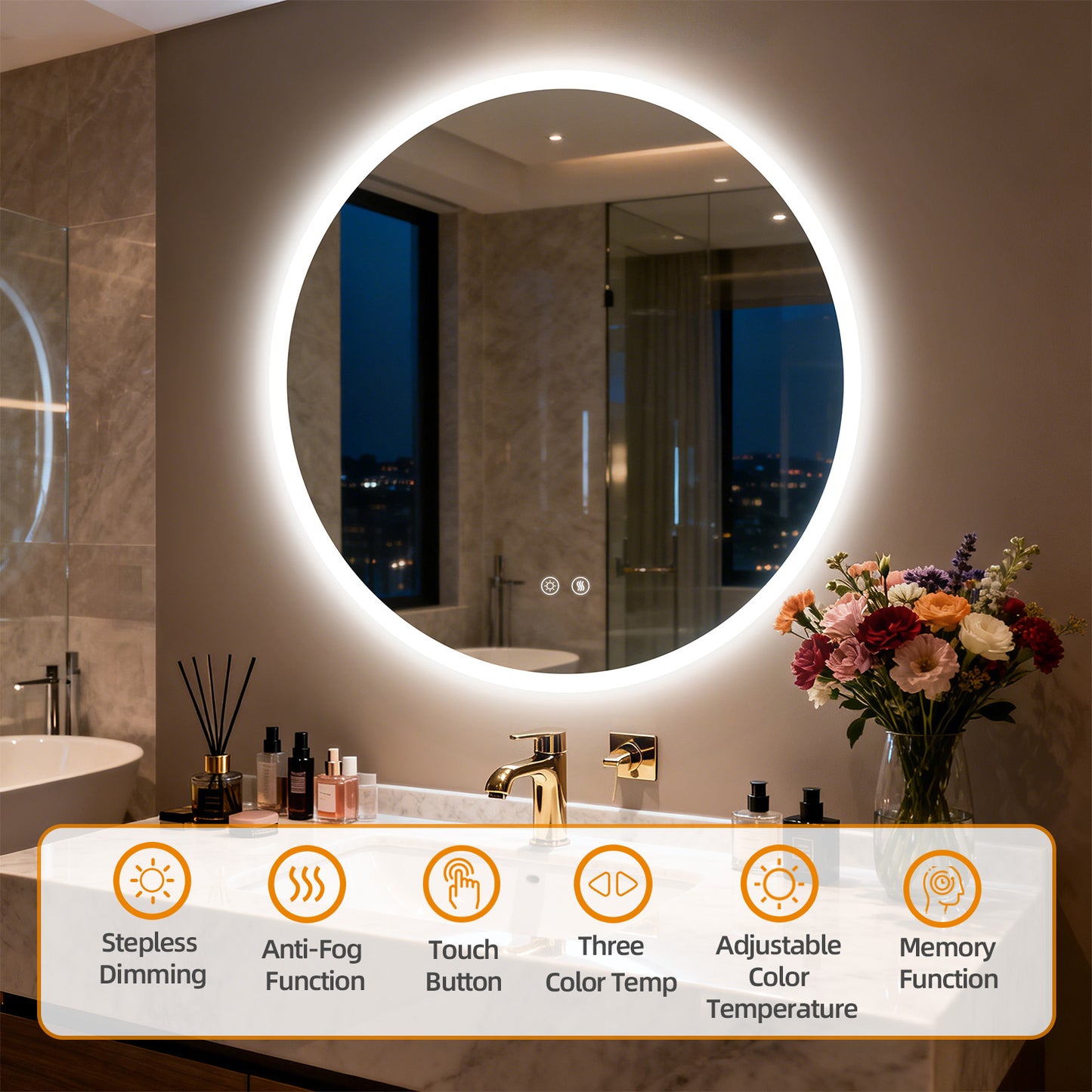 LUVODI 28 in Round Bathroom Mirror with Lights Tempered Glass(2 Buttons)