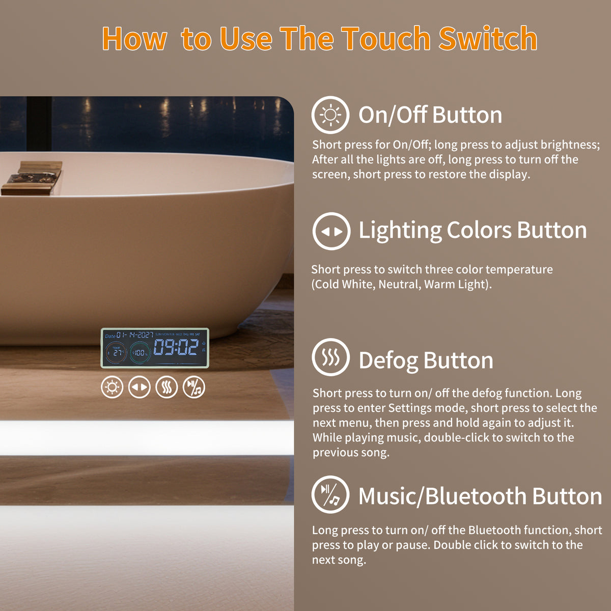 LUVODI LED Bathroom Mirror with Bluetooth Speaker & Screen Display, Tempered Glass Anti Fog Vanity Mirror