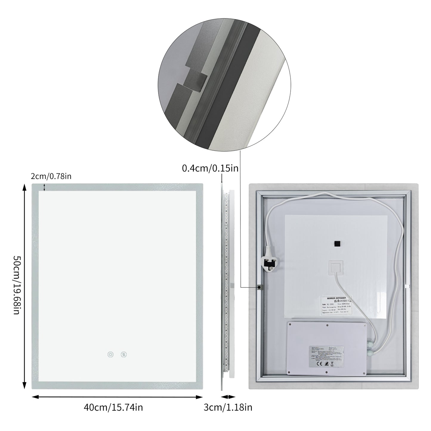 Espejo de baño rectangular LED LUVODI con luces, 2 botones (borde exterior brillante)