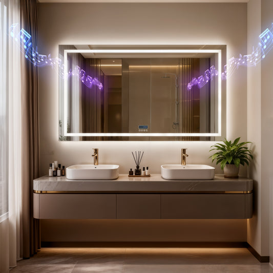 LUVODI LED Bathroom Mirror with Bluetooth Speaker & Screen Display, Tempered Glass Anti Fog Vanity Mirror