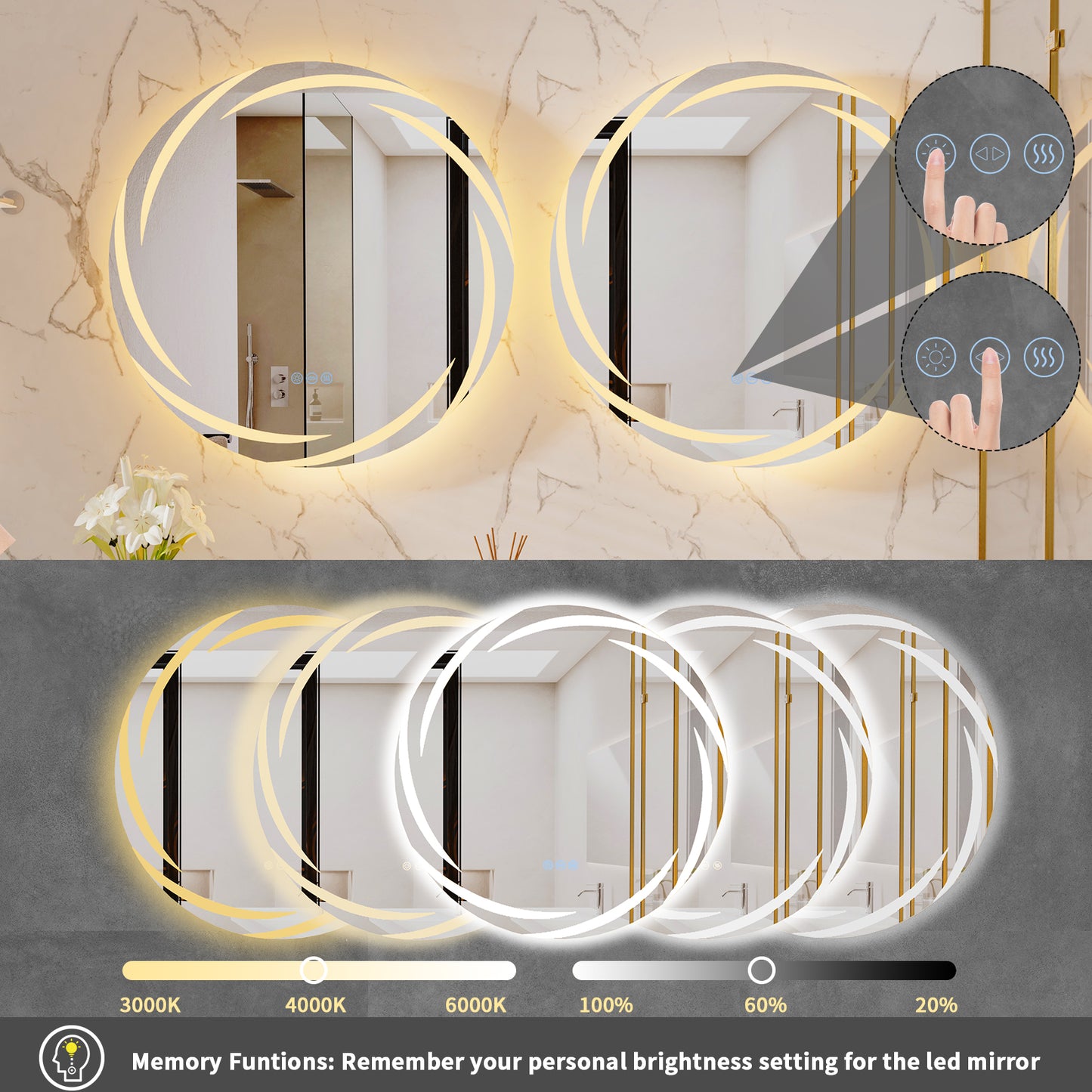 LUVODI Round LED Bathroom Mirror Dimmable Lighting 3 Colors Defogging Memory Function( Swirl style)
