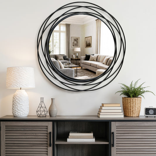 31.5in Large Round Decorative Mirrors, Metal Wire Frame Wall Mirror, Black & Gold