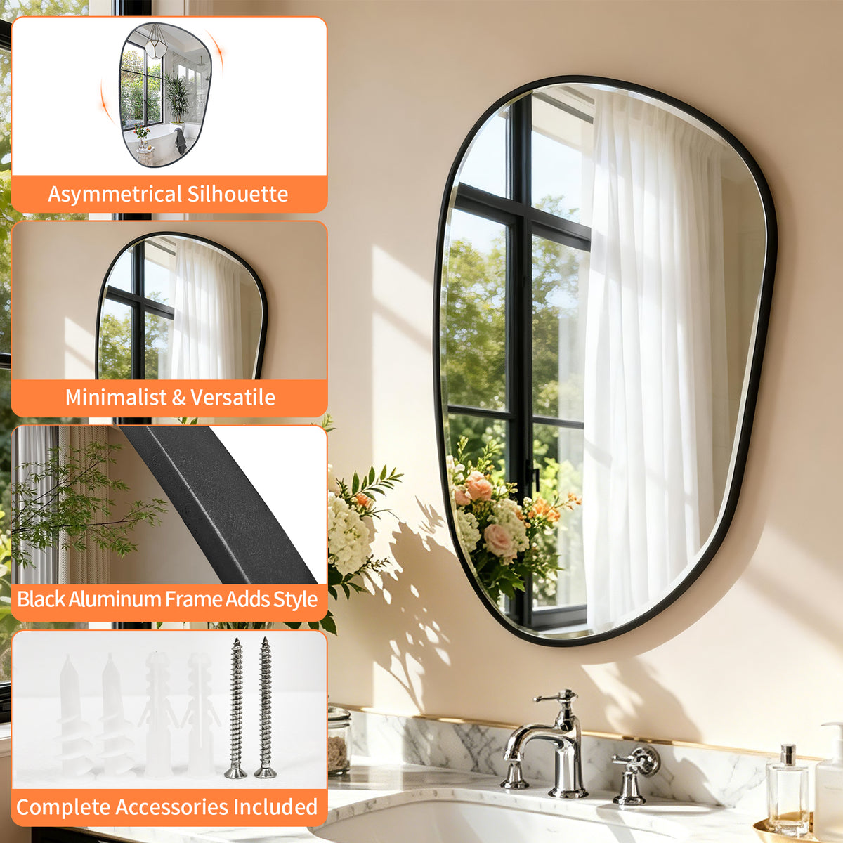 Irregular Black Frame Mirror, 21.5x33.6 in Asymmetrical Wall Mirror for Living Room