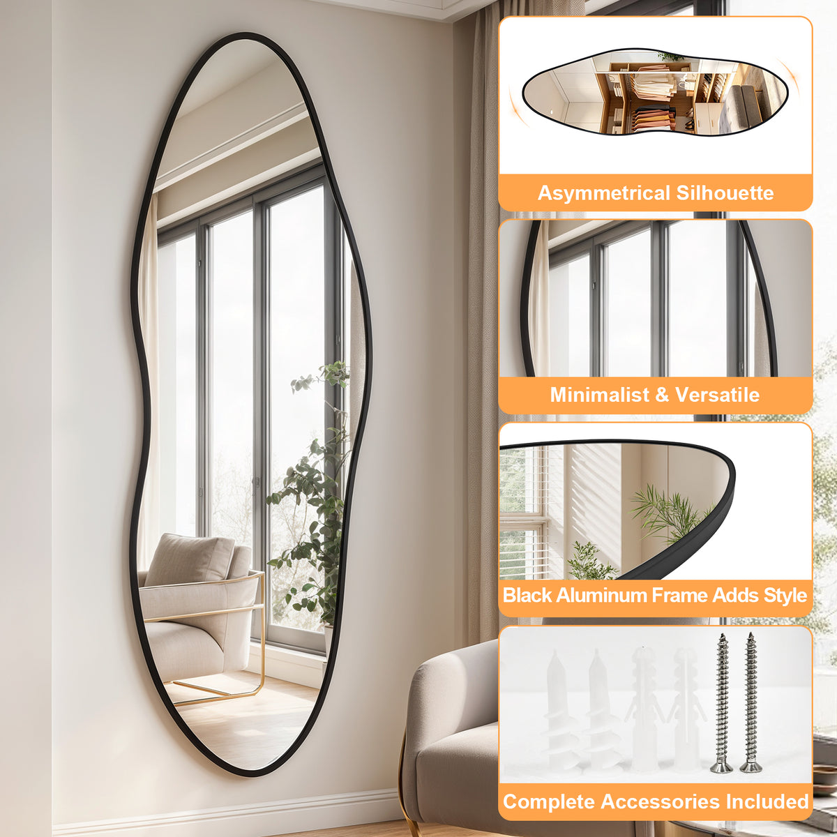 Irregular Wall Mirror Full Length 21x63 Asymmetrical Wall Mirror