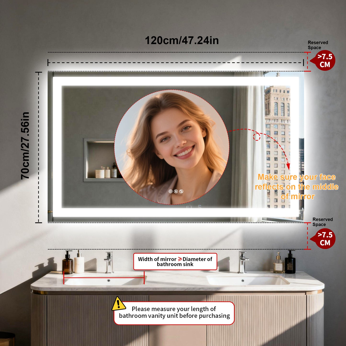 Espejo de baño rectangular de vidrio templado iluminado LUVODI con altavoces Bluetooth (sin pantalla)
