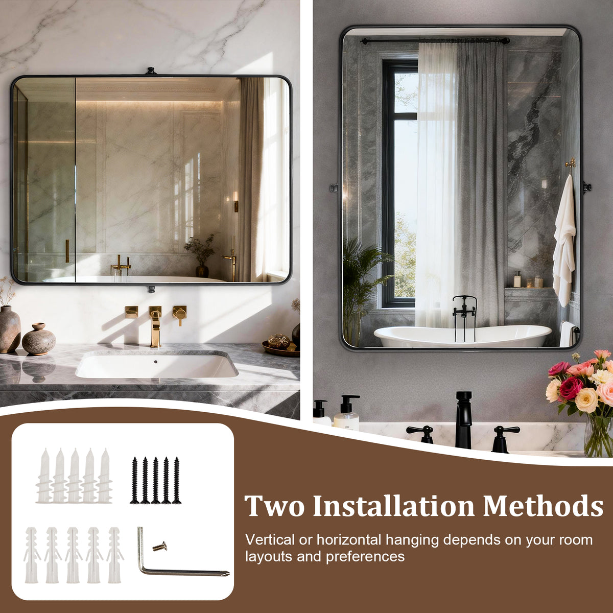 Black Framed Pivot Bathroom Mirror, Adjustable Tilt Wall Mirror