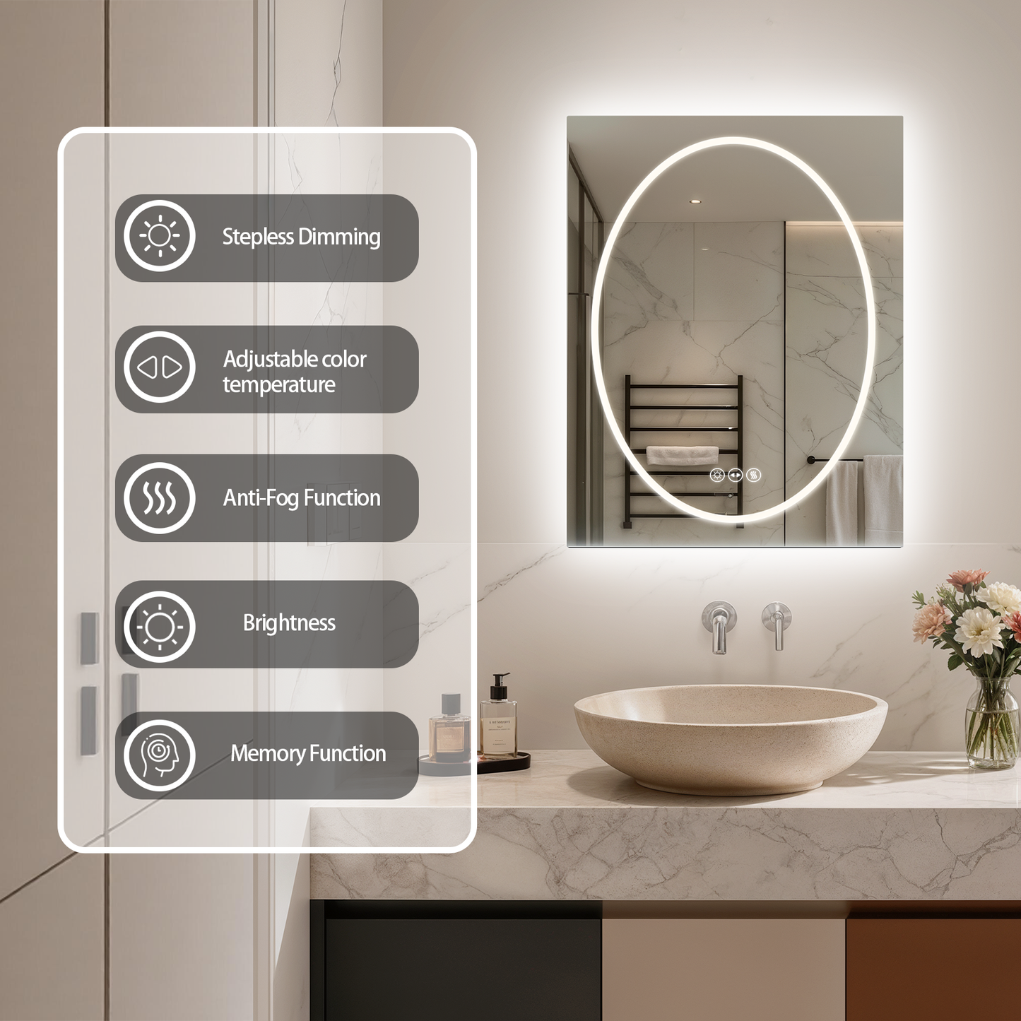 LUVODI  Frameless Tempered Glass LED Bathroom Mirror, Backlit with Round Front Light