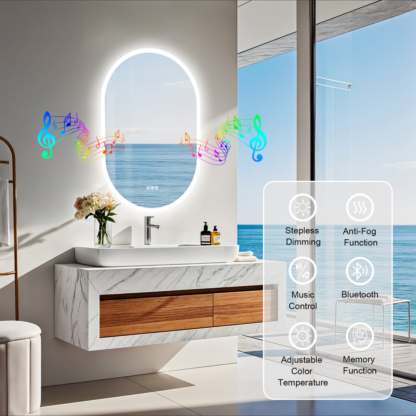 LUVODI Long Oval LED Bathroom Mirror with Bluetooth Speaker, No Display 23.62x35.43 in