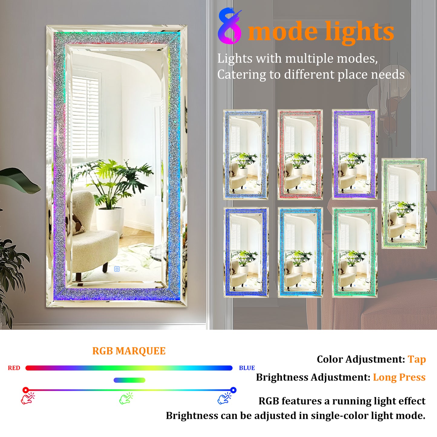 Full Length Mirror with RGB Lights Wall Hanging Mirror Crush Diamond Inlay for Living Room, Bedrooms, Cloakrooms