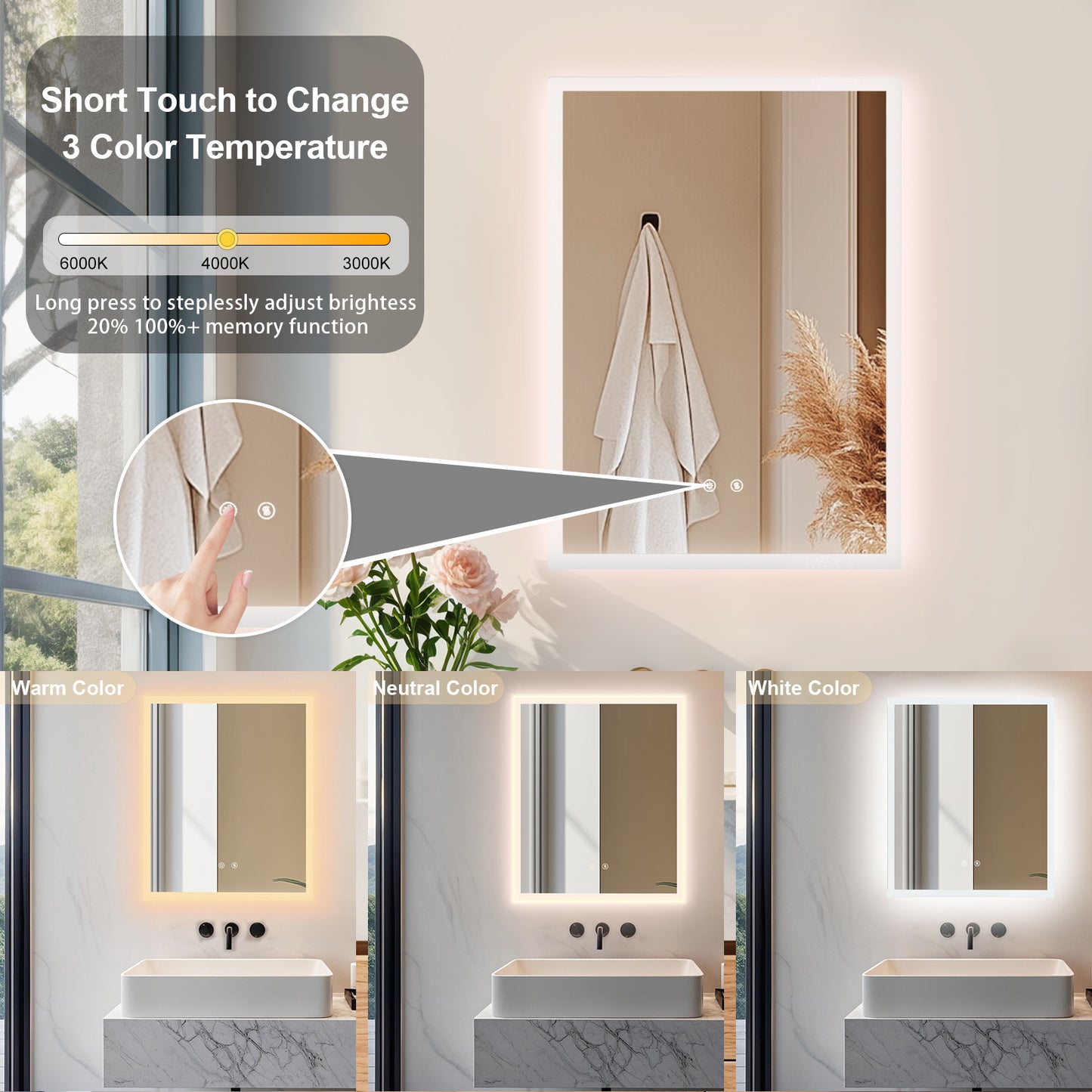 LUVODI Rectangular LED Bathroom Mirror with Lights, 2 Buttons (Glowing Outer Edge)