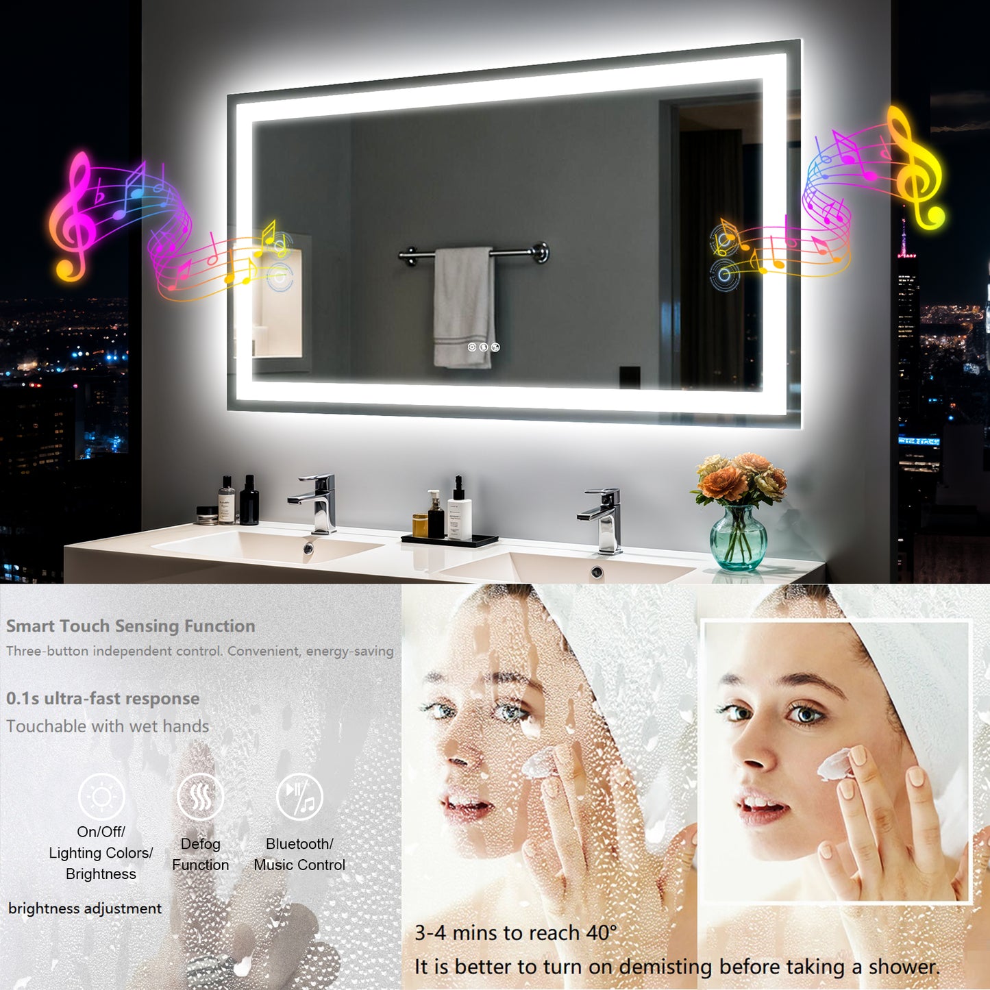 Espejo de baño rectangular de vidrio templado iluminado LUVODI con altavoces Bluetooth (sin pantalla)