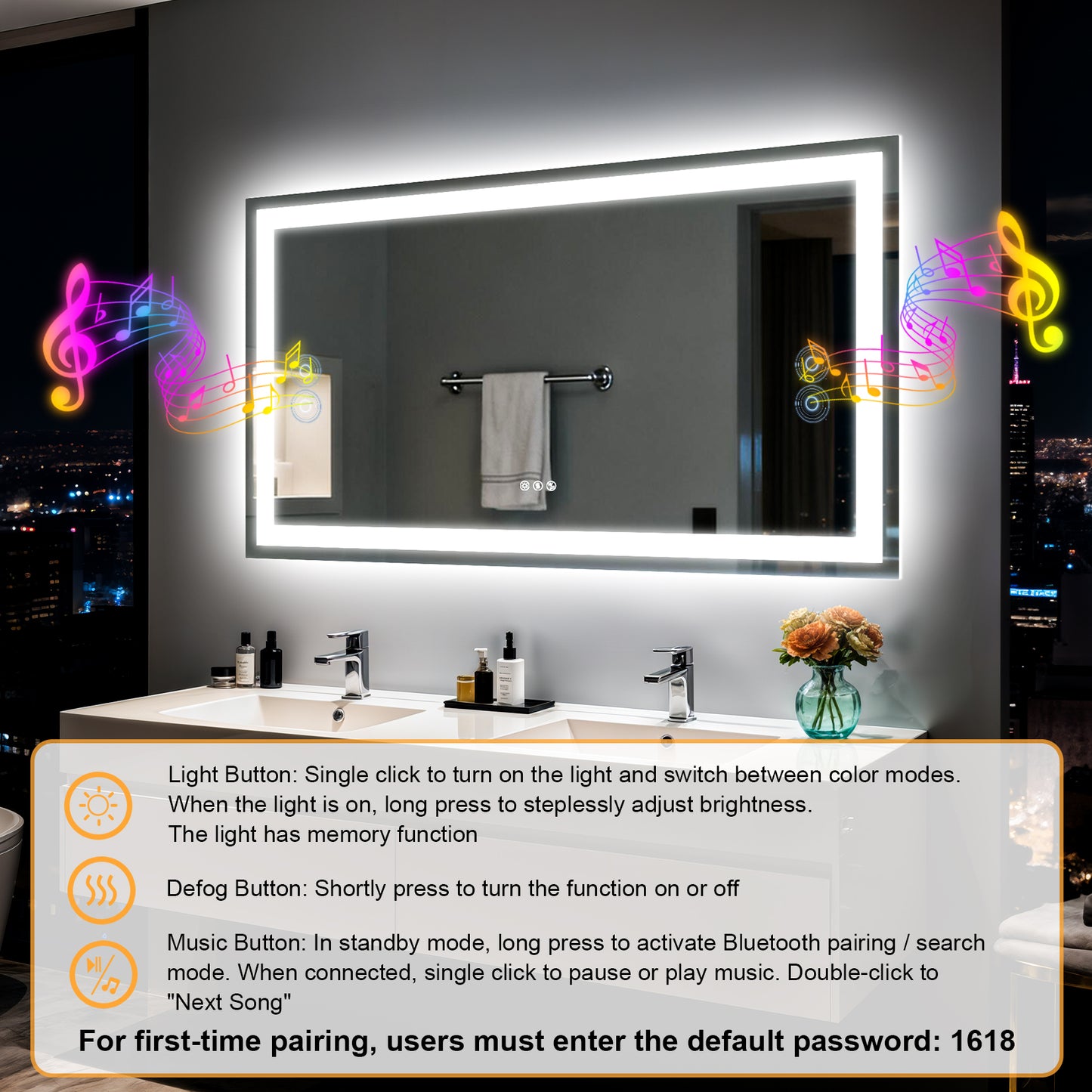 Espejo de baño rectangular de vidrio templado iluminado LUVODI con altavoces Bluetooth (sin pantalla)