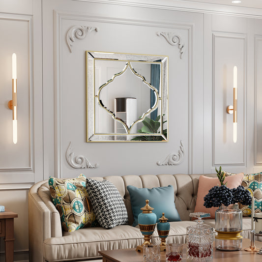 Elegant Square Wall Silver Glass Decorative Accent Mirror Golden Rim for Hallway