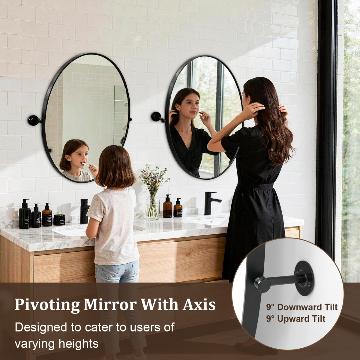Modern Matte Black Oval Pivot Mirror – Adjustable Tilting Bathroom Vanity Wall Mirror
