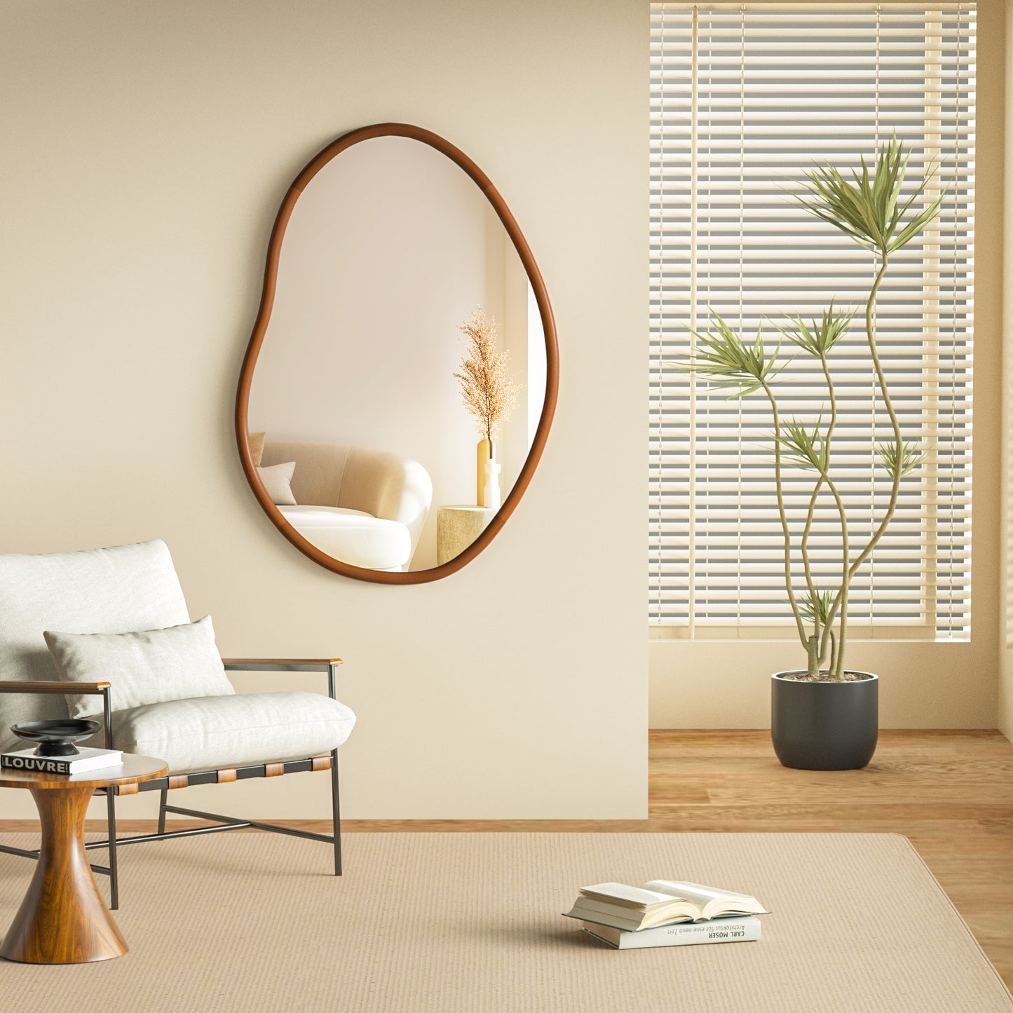Mid Century Asymmetrical Wall Mirror Wood Frame Irregular Wall Mirror