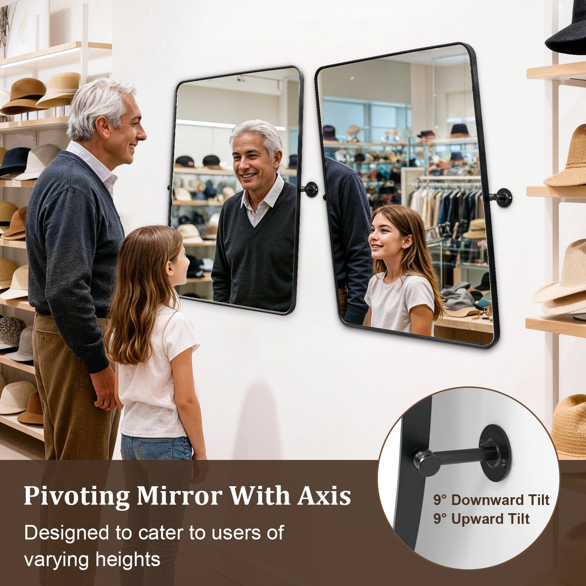 Black Framed Pivot Bathroom Mirror, Adjustable Tilt Wall Mirror