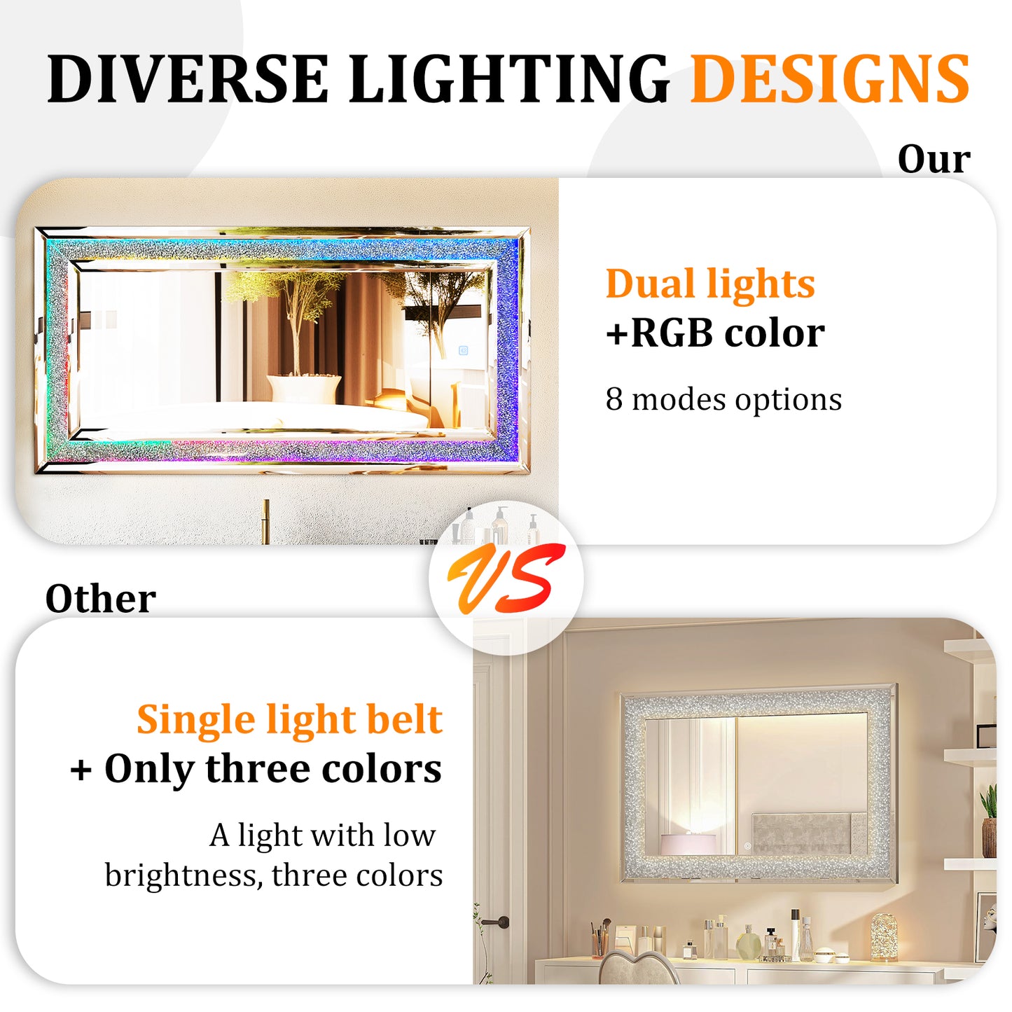 Full Length Mirror with RGB Lights Wall Hanging Mirror Crush Diamond Inlay for Living Room, Bedrooms, Cloakrooms