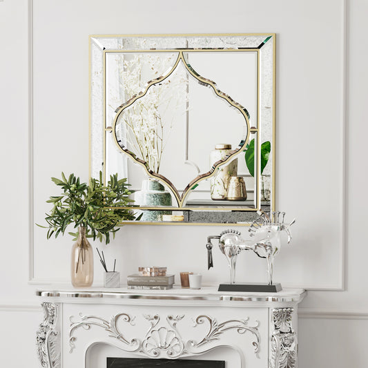Elegant Square Wall Silver Glass Decorative Accent Mirror Golden Rim for Hallway