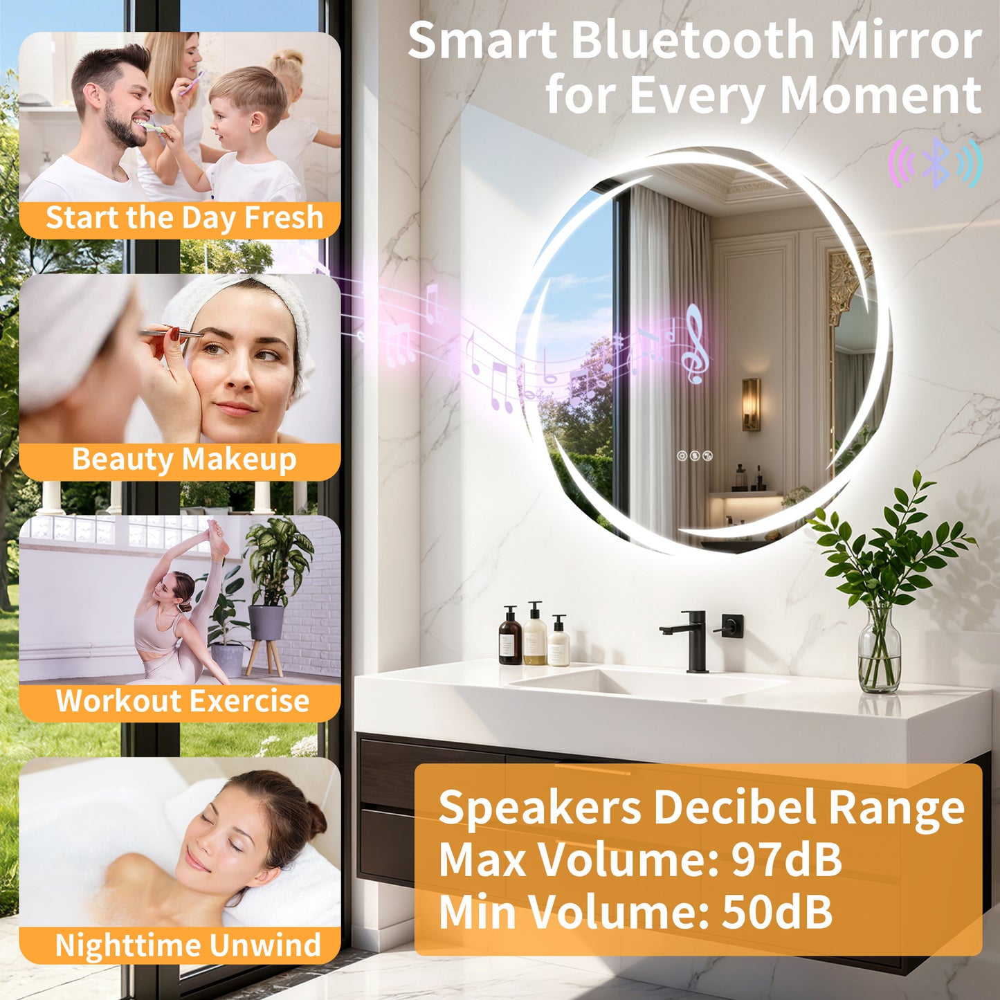 Espejo de pared redondo para baño LUVODI de 31,5" con LED y altavoz Bluetooth dual, antivaho y regulable
