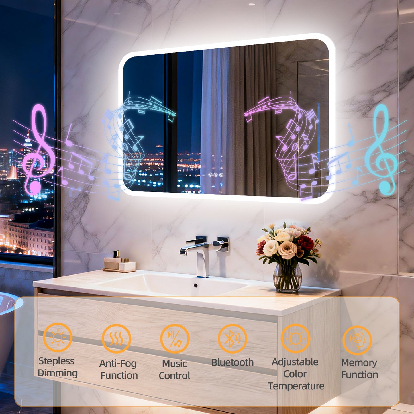 LUVODI Rounded Corner LED Mirror with Bluetooth Speaker Lighted Bathroom Vanity Mirror