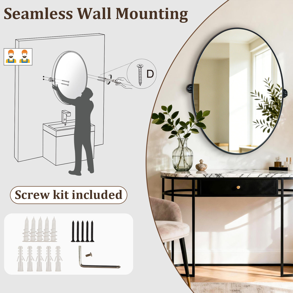 Modern Matte Black Oval Pivot Mirror – Adjustable Tilting Bathroom Vanity Wall Mirror