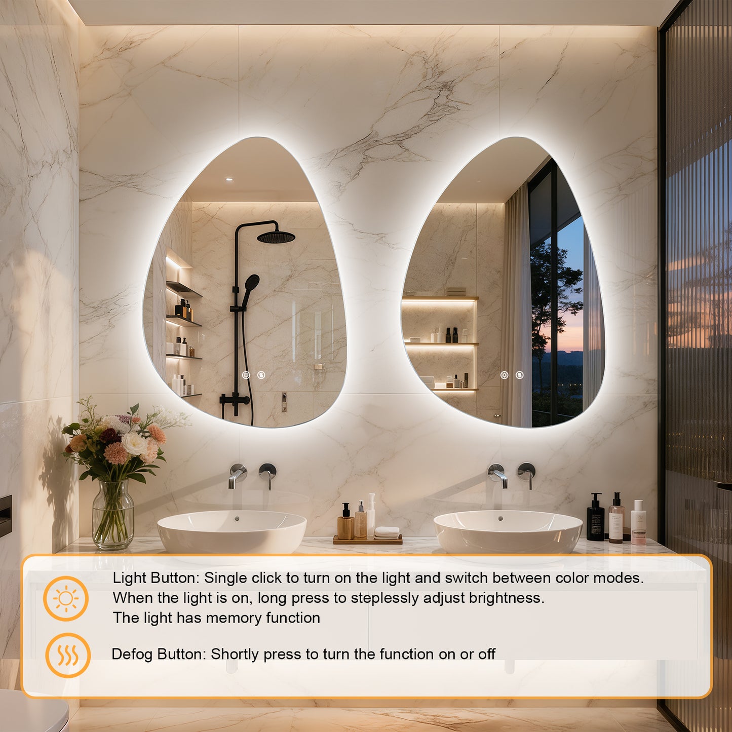 LUVODI Irregular LED Bathroom Mirror, Pebble Oval Backlit Vanity Mirror, Tempered Glass Mirror (2 Buttons)