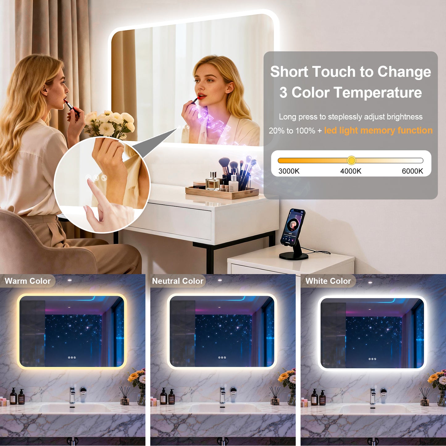 LUVODI Rounded Corner LED Mirror with Bluetooth Speaker Lighted Bathroom Vanity Mirror
