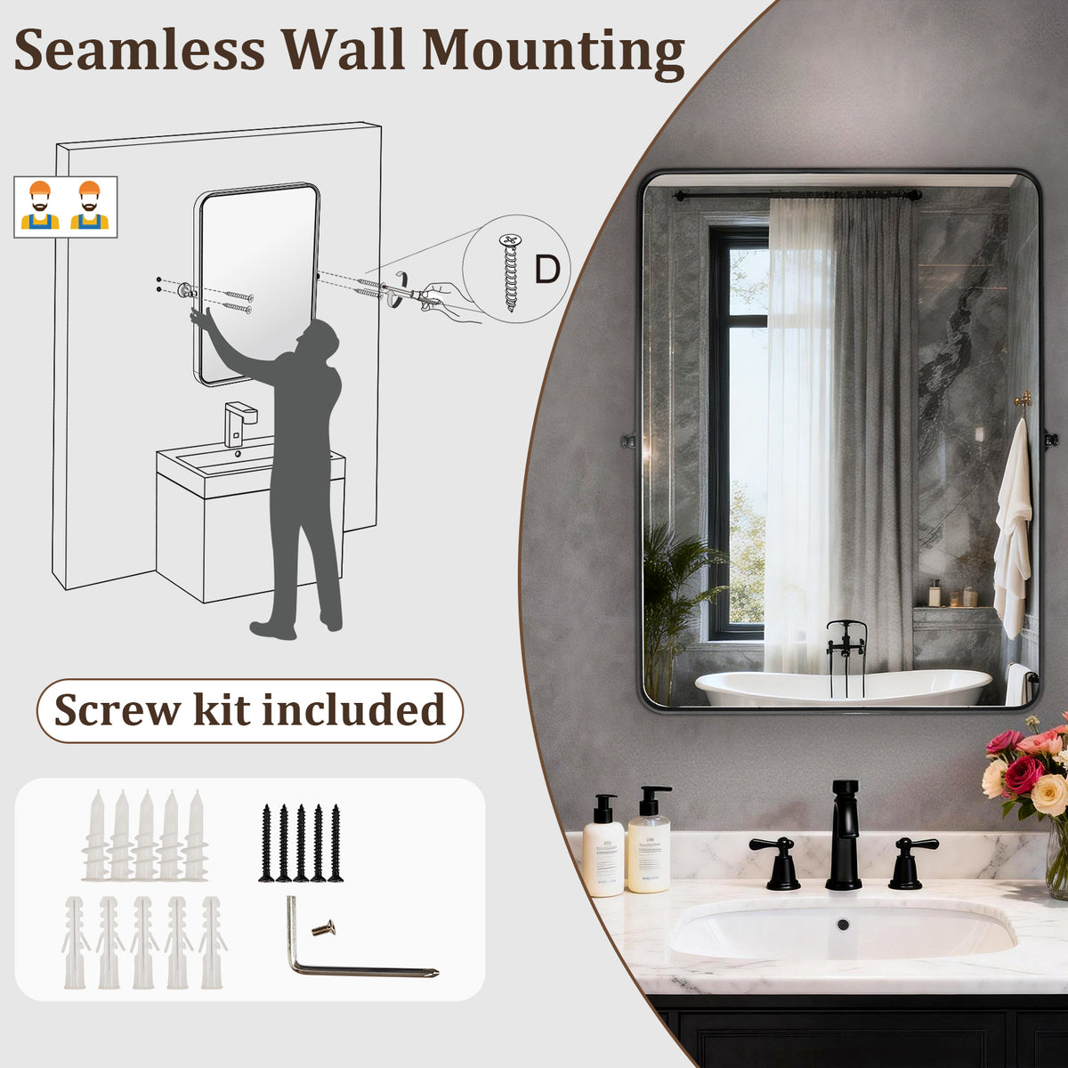 Black Framed Pivot Bathroom Mirror, Adjustable Tilt Wall Mirror