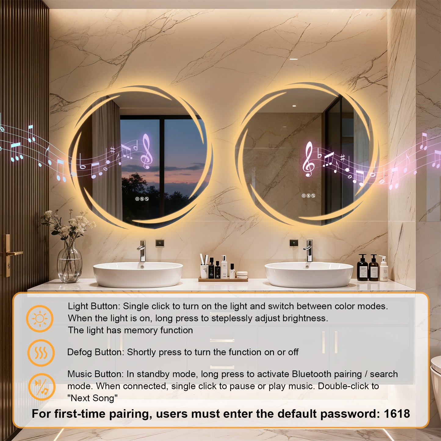 Espejo de pared redondo para baño LUVODI de 31,5" con LED y altavoz Bluetooth dual, antivaho y regulable