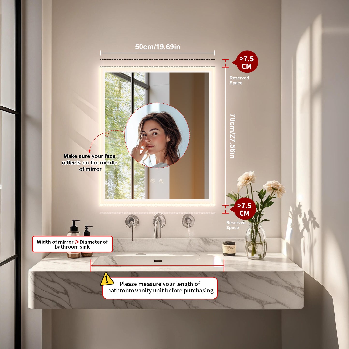 LUVODI Rectangular LED Bathroom Mirror with Lights, 2 Buttons (Glowing Outer Edge)