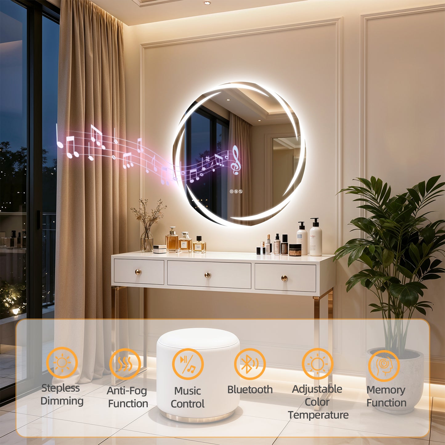 Espejo de pared redondo para baño LUVODI de 31,5" con LED y altavoz Bluetooth dual, antivaho y regulable