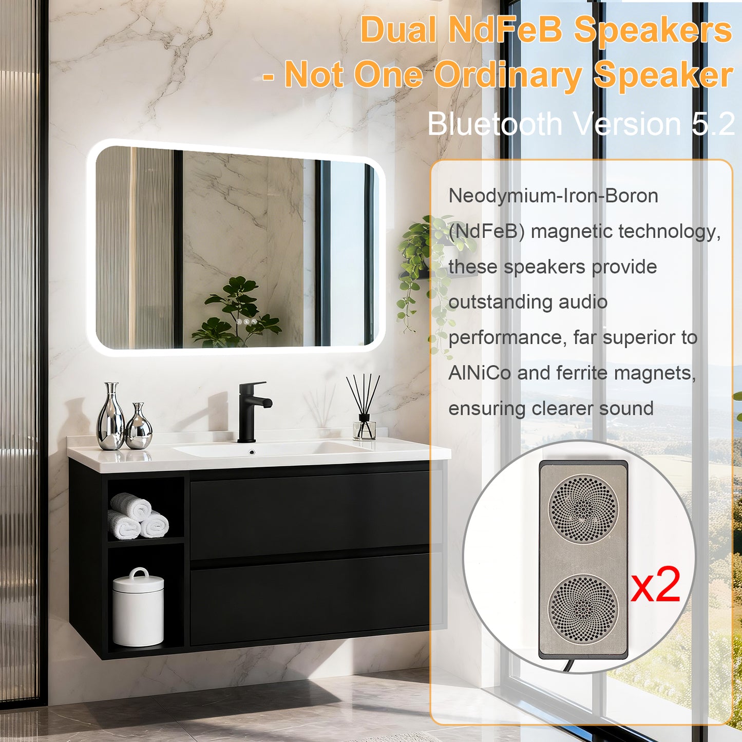 LUVODI Rounded Corner LED Mirror with Bluetooth Speaker Lighted Bathroom Vanity Mirror