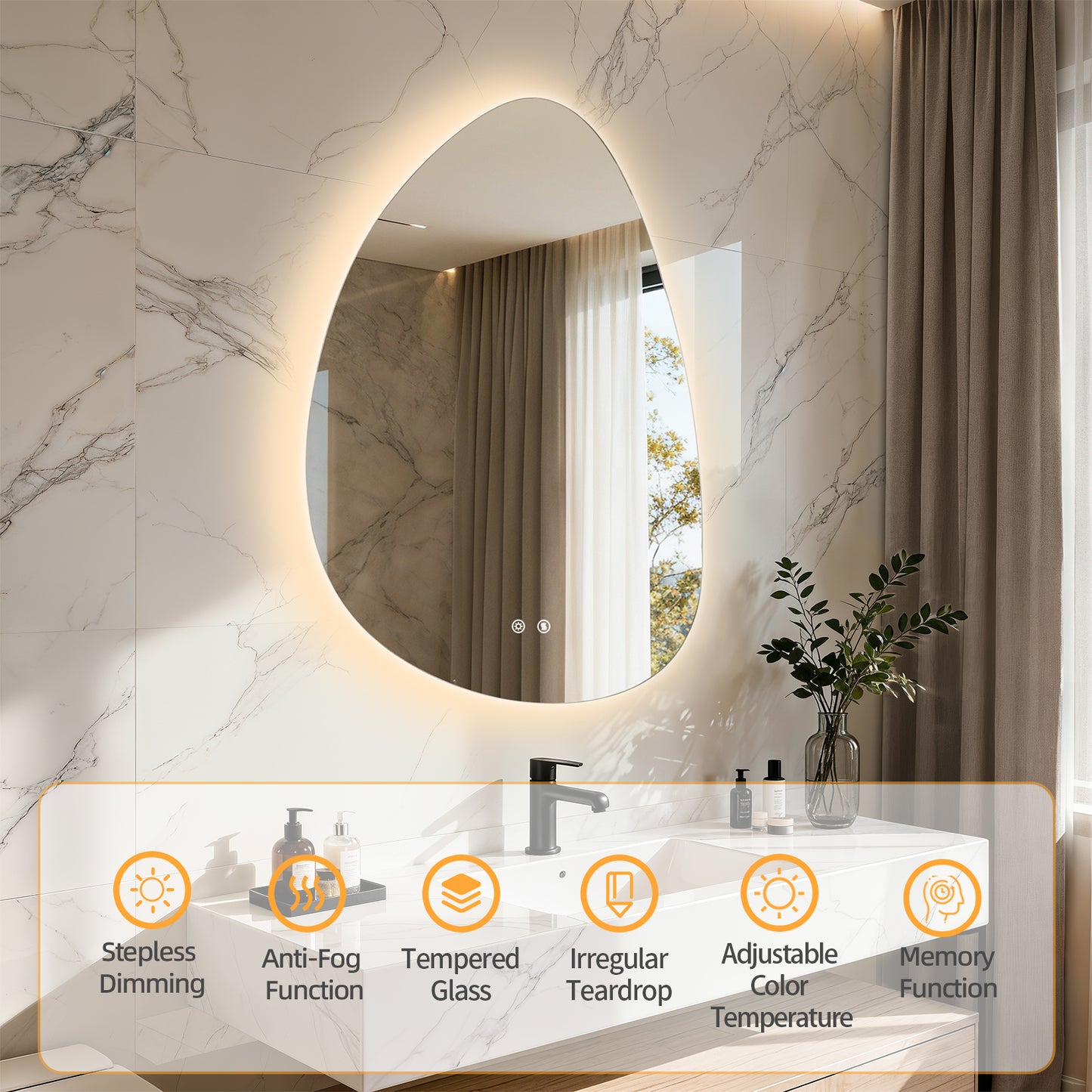 LUVODI Irregular LED Bathroom Mirror, Pebble Oval Backlit Vanity Mirror, Tempered Glass Mirror (2 Buttons)
